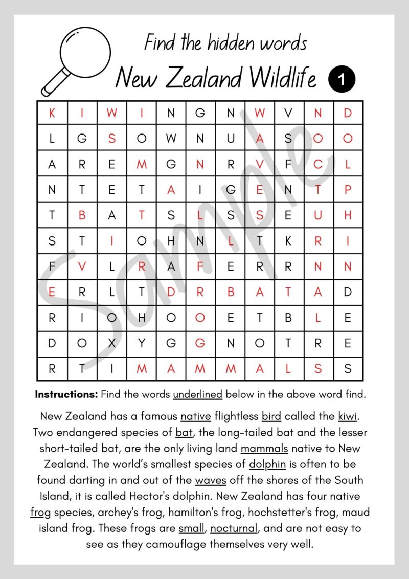 SAMPLE Answers - Find the hidden words - NZ wildlife 1