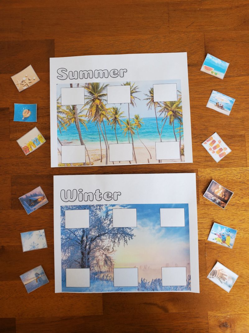 Photo collage of summer and winter which are included in the seasons sorting mats for the southern hemisphere