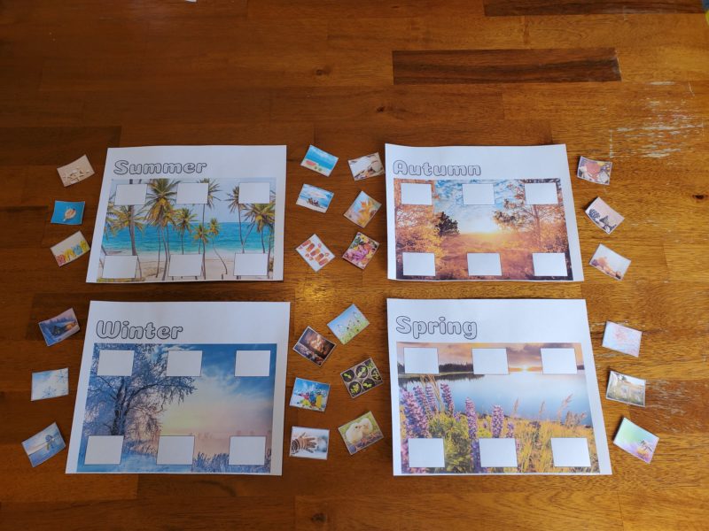 Photo collage of all the pages included in the seasons sorting mats for the southern hemisphere