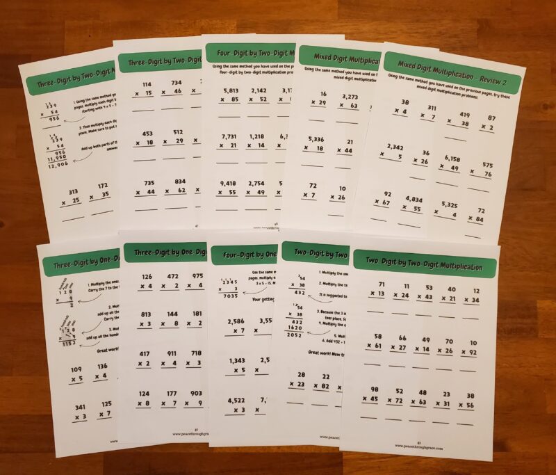 Three digit by one digit multiplying, through to four digit by two digit multiplication, followed by review pages! Explains how to do them step by step.