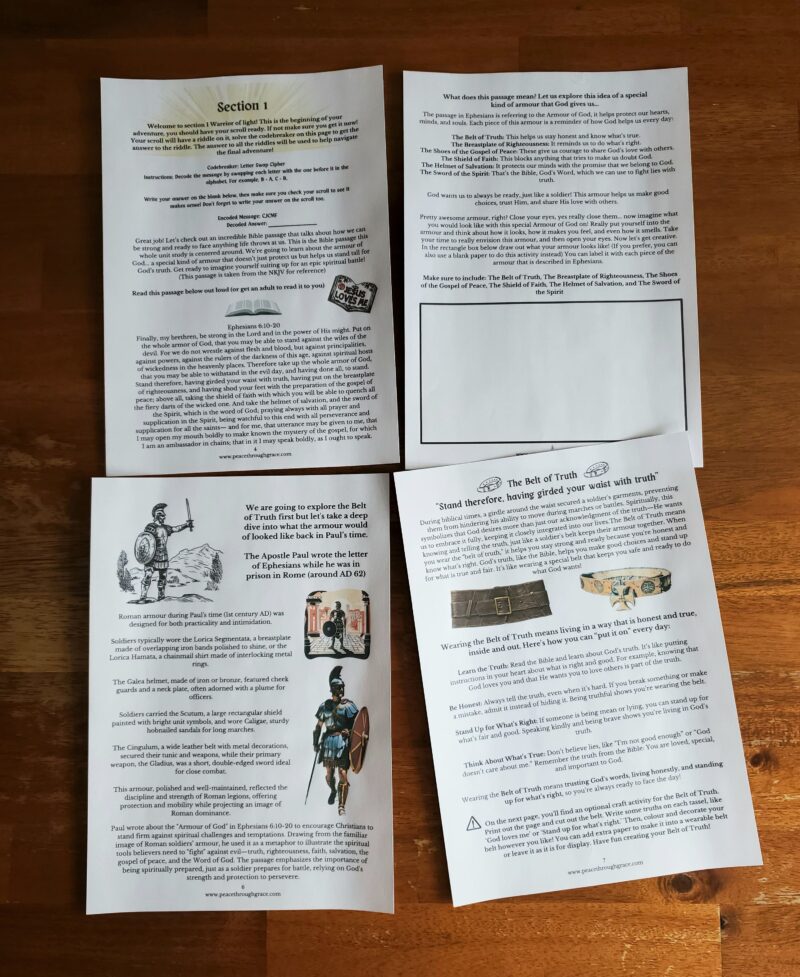 pages in the free armour of God unit study. Includes background info on the armour in Rome. Codebreaker and chance to create your own visualised armour of God