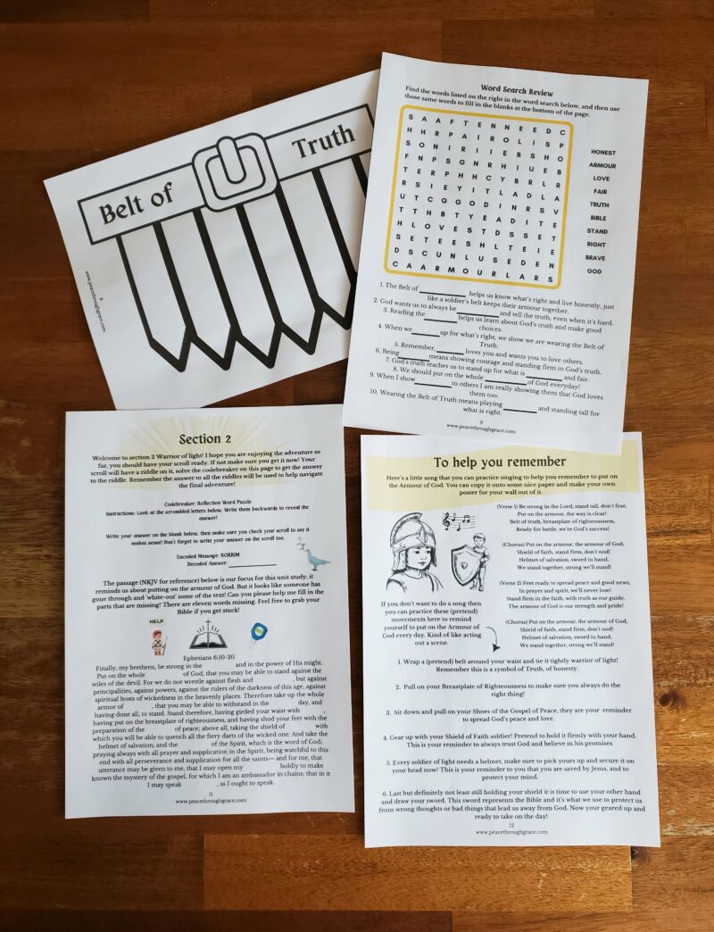 pages in the free armour of God unit study. Includes belt of truth craft/art activity, wordsearch, songs and movements activities for remember the Bible verse associated with the Armour of God