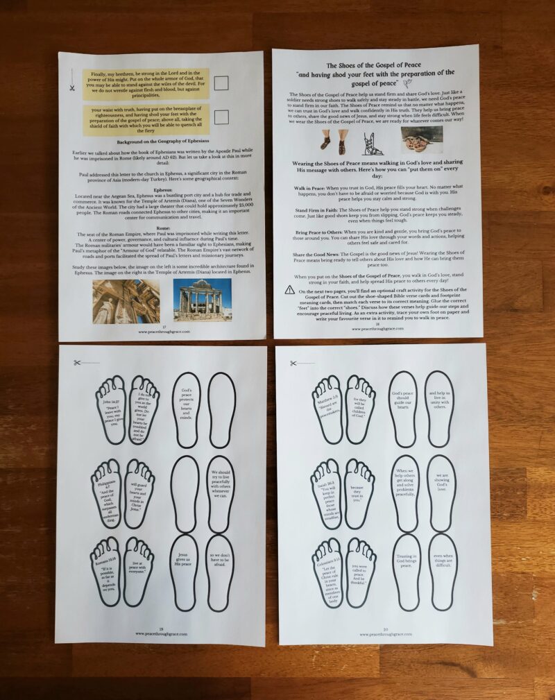 pages in the free armour of God unit study. Includes shoes of peace activity, Ephesus info sheet and background on Roman