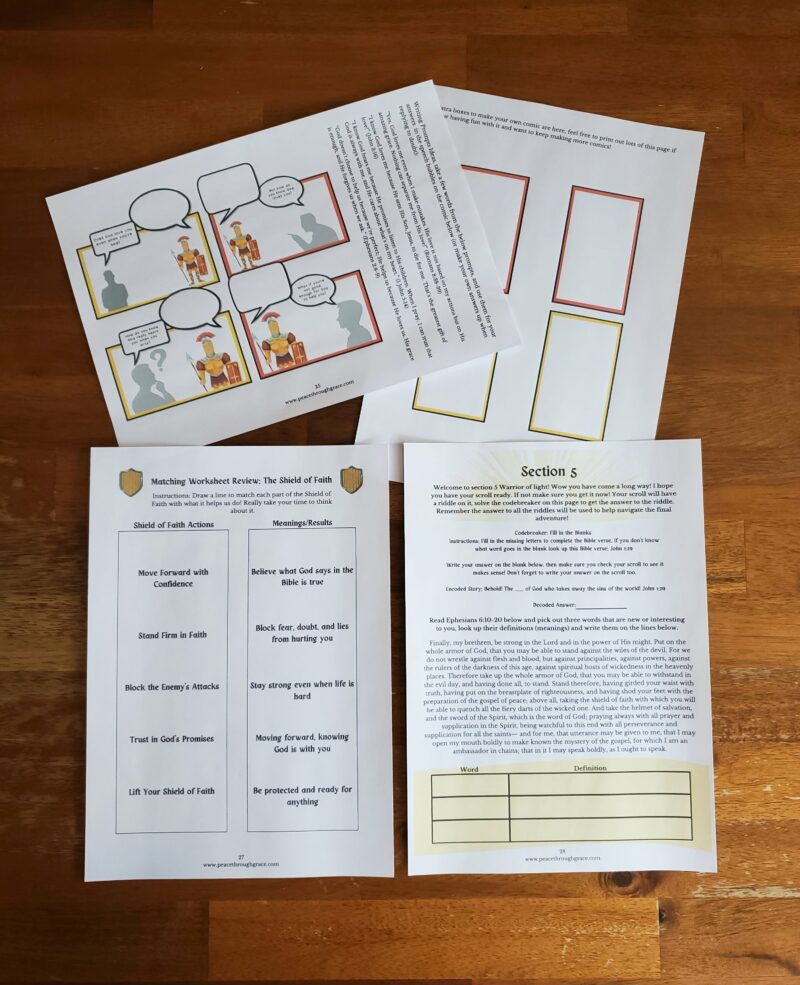 pages in the free armour of God unit study. Includes comic book activity, matching worksheet and Bible verse definition activity