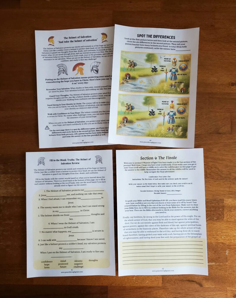 pages in the free armour of God unit study. Includes spot the difference activity, fill in the blanks worksheet, and Bible verse memory challenge